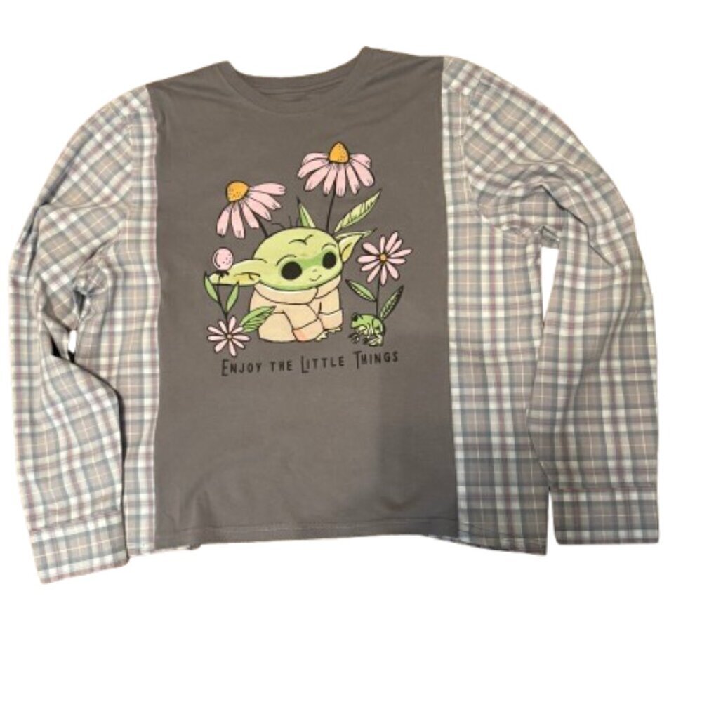 Upcycled Reworked Baby Yoda "Enjoy The Little Things" Long Sleeve Pullover Shirt